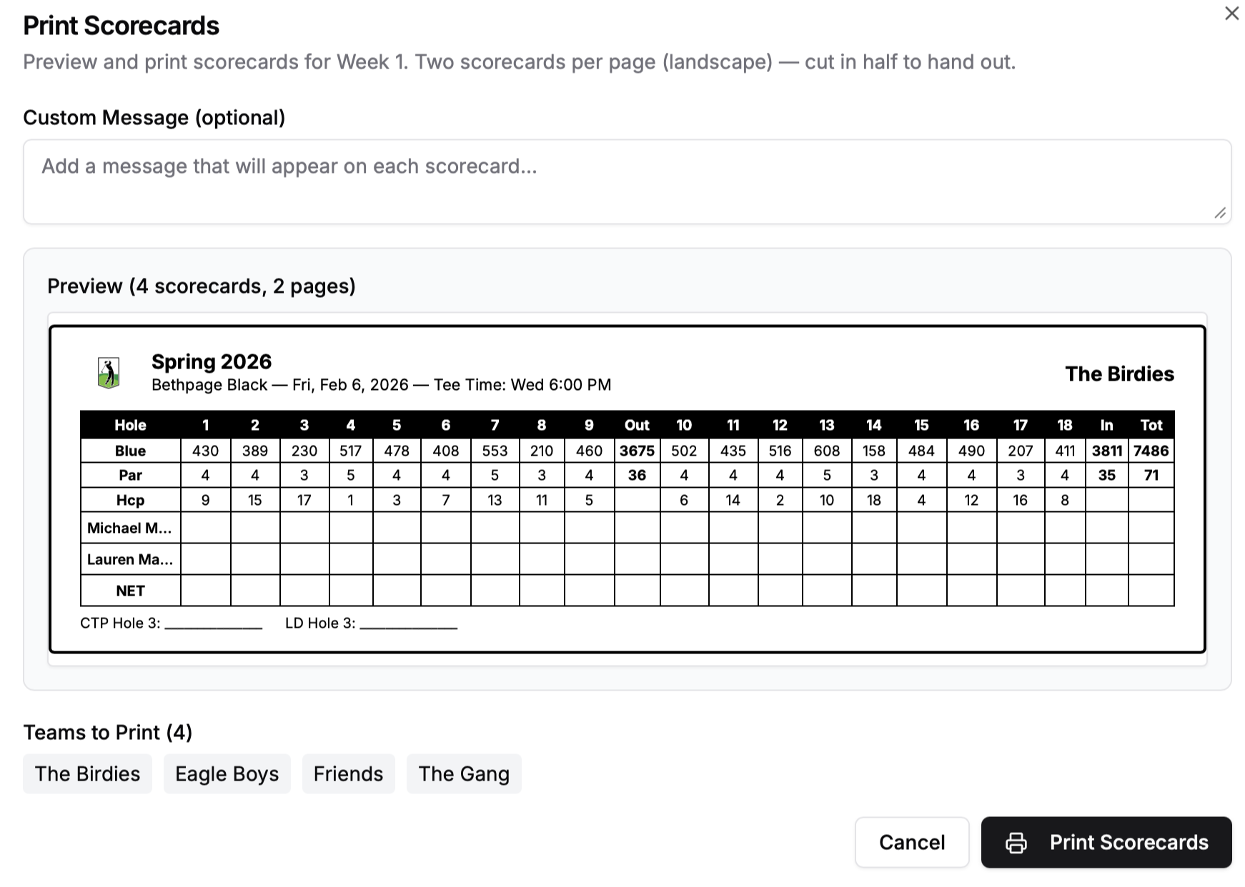 Printable Scorecards